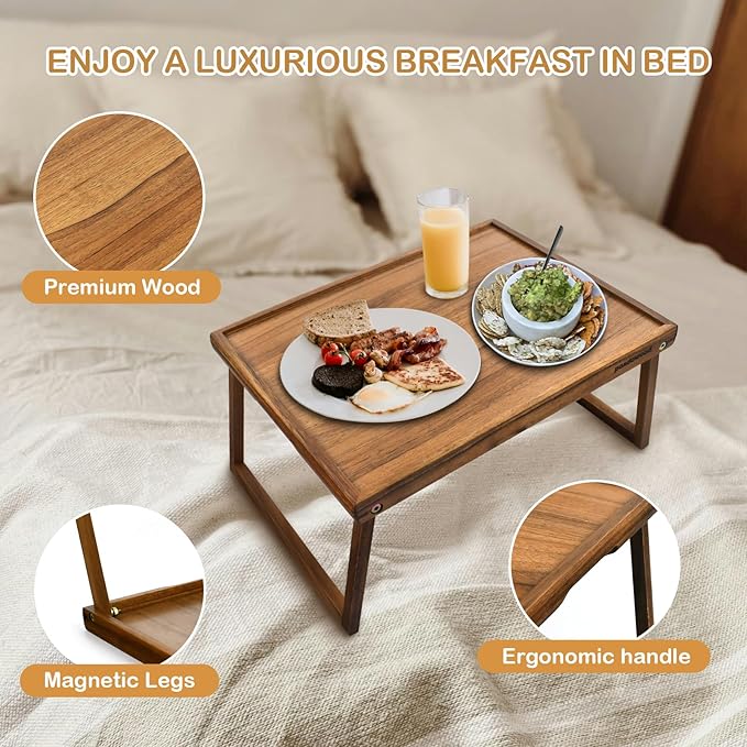 PANDAWOOD Acacia Wood Bed Tray Table - Large Folding Breakfast in Bed Tray with Legs - Laptop Lap Desk for Eating on Couch - TV Dinner Tray with Handles (Wood)