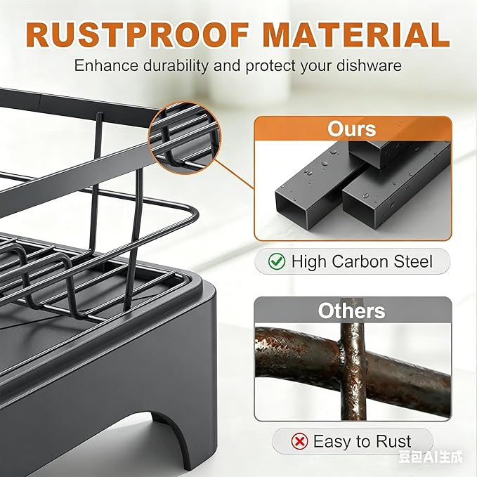 Dish Drying Rack for Kitchen Counter, Dish Rack, Dish Drainer for Kitchen with Built-in Drain, Stainless Steel Sink Organization and Storage Essentials with Cutlery Holder (17" x 13.4", Gray)