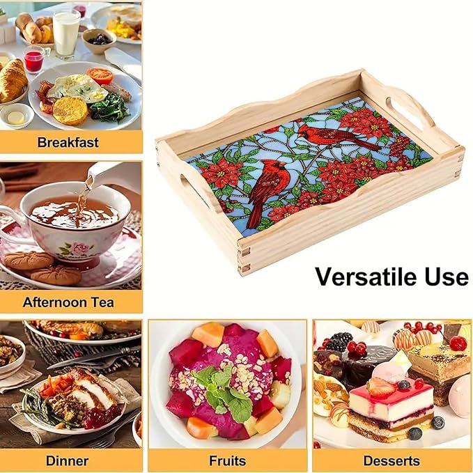 DIY Diamond Serving Tray with Handle Handmade Gem Painting Wooden Rectangular Breakfast Tray for Dinner Plate Coffee Room Living Home Organizer-Cardinal