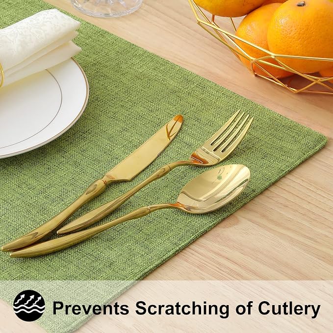 homing Faux Cotton Linen Placemats Set of 6, Cloth Washable Farmhouse Dining Table Mats for Indoors & Outdoors, Easy to Clean, Grass Green, 13 x 19 Inch