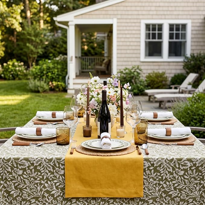 Solino Home Linen Table Runner 108 Inches Long - 100% Pure Linen Mustard Yellow Table Runner 14 x 108 Inch for Spring, Summer - Fete