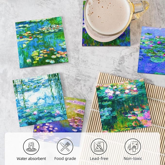 Drinks Absorbent Coasters with Holder Set of 6, Coffee Table Decor, Ceramic Stone Coaster with Cork Base Tabletop Protection Mat for Mugs and Cups,Office,Kitchen (Monet Water Lilies 2)