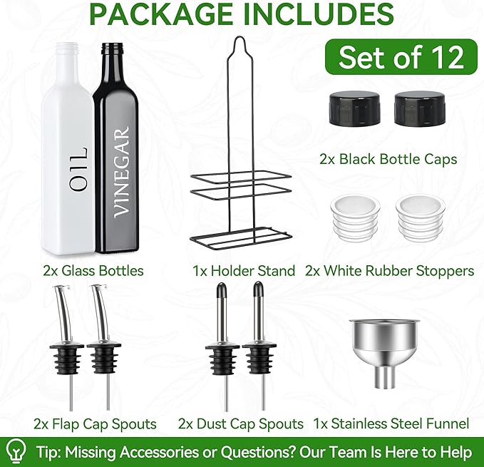 Vakoo Oil and Vinegar Dispenser Set - 17oz/500ml, Extra Thick Glass, Leak-Proof, Olive Oil Dispenser Bottle for Kitchen (White Black)