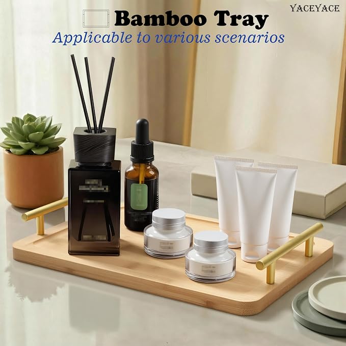 Serving Tray Small Size, 12"x7.5"x1.75" Bamboo Serving Trays with Metal Handles, Small Tray for Ottoman Coffee Table, Home Decor