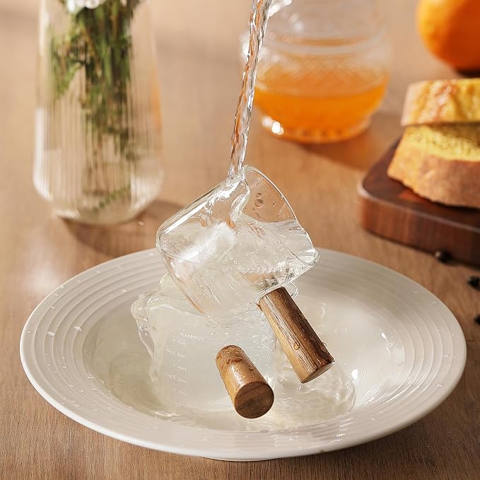 VRUIFA 2 Pack Measuring Cups, Espresso Shot Glass with Wood Handle, Clear Glass with Dual Scale, Espresso Accessories with Double Spouts, 2.5 OZ /75 ML