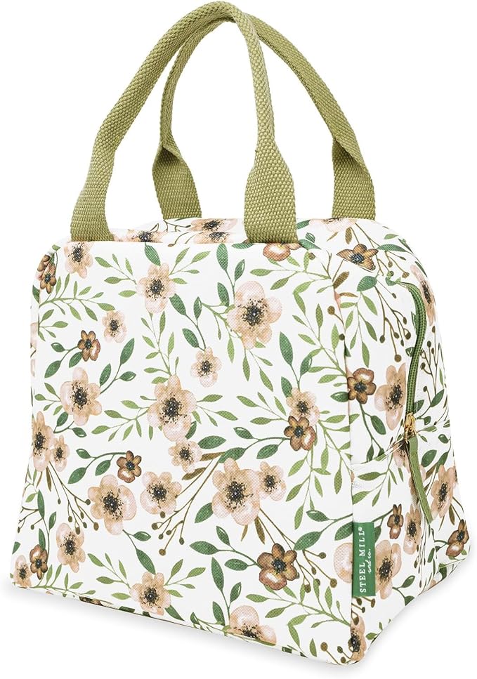 Steel Mill & Co Insulated Lunch Tote Bag for Women, Large Capacity Cooler Lunch Box, Cute Lunch Bag for Adults, Mini Cooler with Zipper Closure, Pockets, and Sturdy Handles (Woodland Floral)