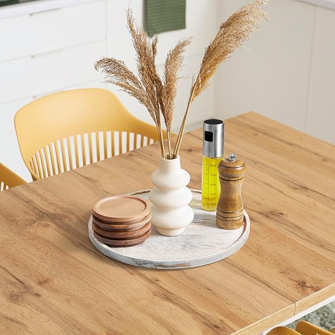 12 Inch Wood Round Tray, White Washed Wooden Decorative Serving Coffee Table Tray Centerpiece Candle Holder for Farmhouse Kitchen Dining Room Home Decor Coffee Table Decor and Accessories