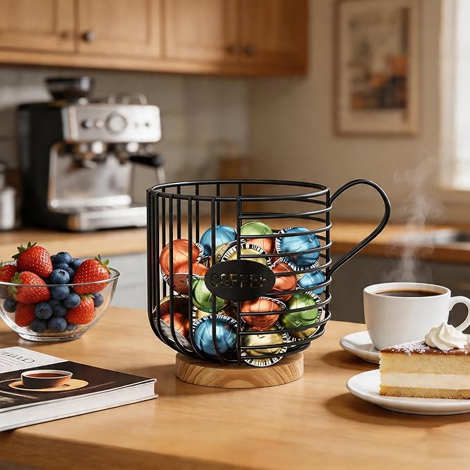 Coffee Pod Holder, 45+ Large Capacity Wire K Cup Storage Organizer with Solid Wood Base, Anti-Slip Coffee Capsule Holder for Kitchen Bar Counter, Compatible with K-Cups/Nespresso Espresso Capsules