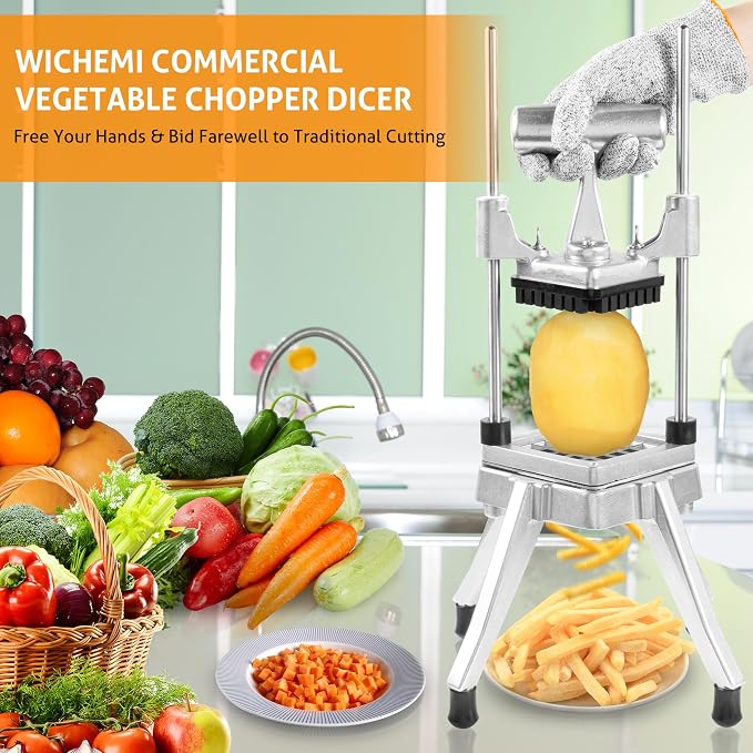 WICHEMI Commercial Vegetable & Fruit Chopper - Stainless Steel Dicer, Cutter for Onions, Potatoes, Peppers & Mushrooms (3/8")