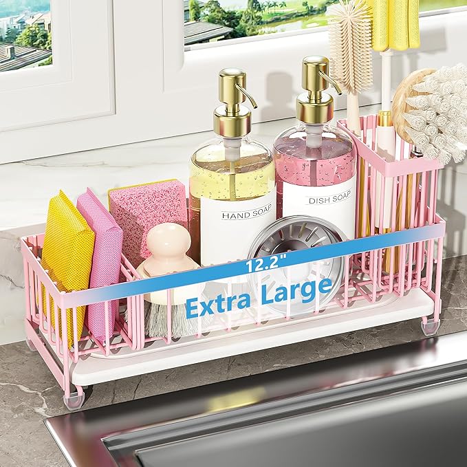 Cisily Extra Large Sink Caddy Organizer with Drying Stone, Pink Sponge Holder for Kitchen, Dish Brush Holder for Countertop, Kitchen Decor Storage and Essentials