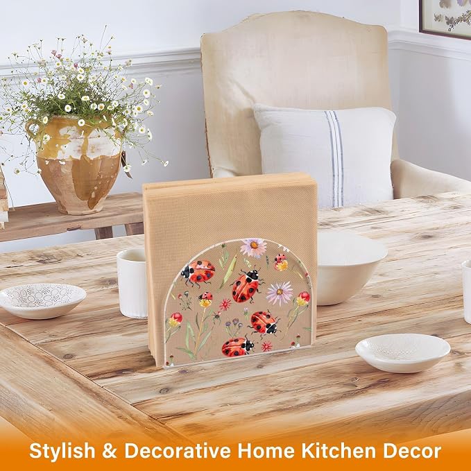 Fustylead Floral Ladybug Napkin Holder for Table Acrylic Vertical Napkin Holders for Paper Napkins Red Ladybugs&Daisies Decorative Napkin Dispenser for Home Party Dining Cocktail Kitchen Accessories