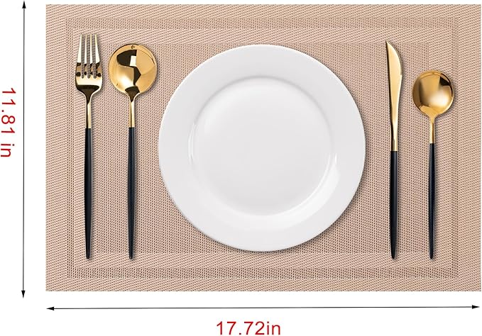 CADONO Placemats Set of 4 Washable Indoor/Outdoor Vinyl Place Mats for Dining Table Durable Non-Slip Heat Resistant PVC Weave Table Mats（Simple Style-Light Brown）