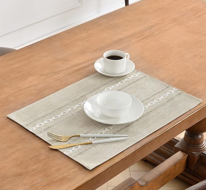 Wracra Cotton Linen Placemats, 12 x 18 Inch Set of 8 Placemats Rustic Hemstitch Place Mats for Kitchen Table and Heat Resistant-Hemstitch Coffee