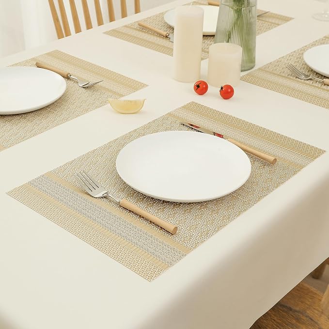Leetaltree Stardust Yellow Placemats Set of 12 - Heat Resistant Non-Slip Place mats for Dining Table, Washable Durable PVC Vinyl Woven Table Mats（Stardust Yellow, 12）