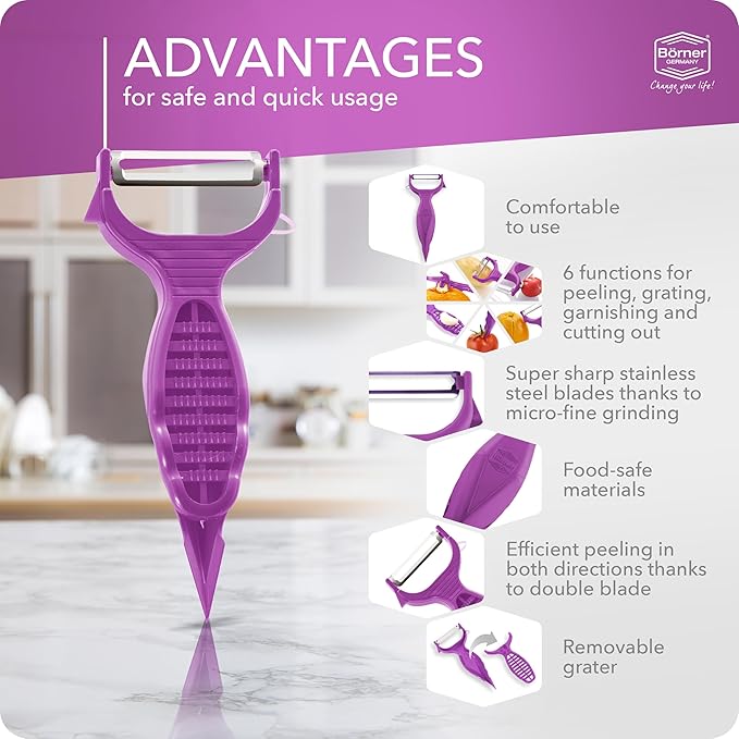 Borner 6-in-1 Fruit and Vegetable Peeler with Stainless Steel Double-Edged Blade, Multi function with Corer, Potato Eye Remover and Mini Grater, Made in Germany, Purple
