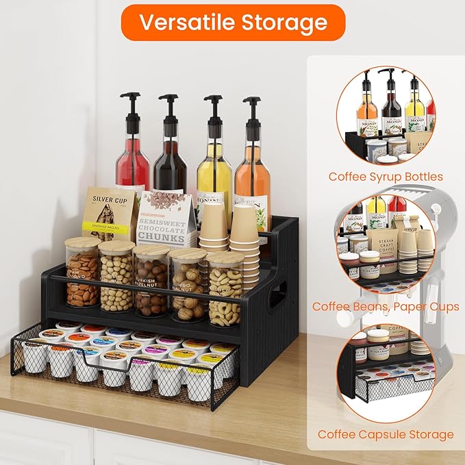 Homode 3-Tier Coffee Bar Organizer, 8 Bottle Syrup Stand with 35 Coffee Pod Storage Drawer, Rustic Wood & Metal Countertop Liquor Bottle Holder for Kitchen, Black