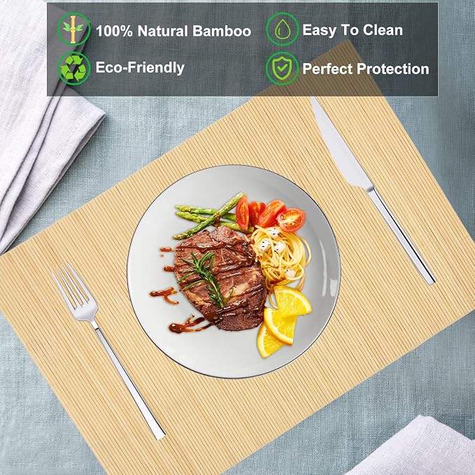 Set of 12 Pcs Bamboo Placemats Sushi Rolling Mat Japanese Style Natural Anti-Slip Bamboo Placemats Washable Heat-Resistant Table Mats for Dining Room and Kitchen（ Natural Color）