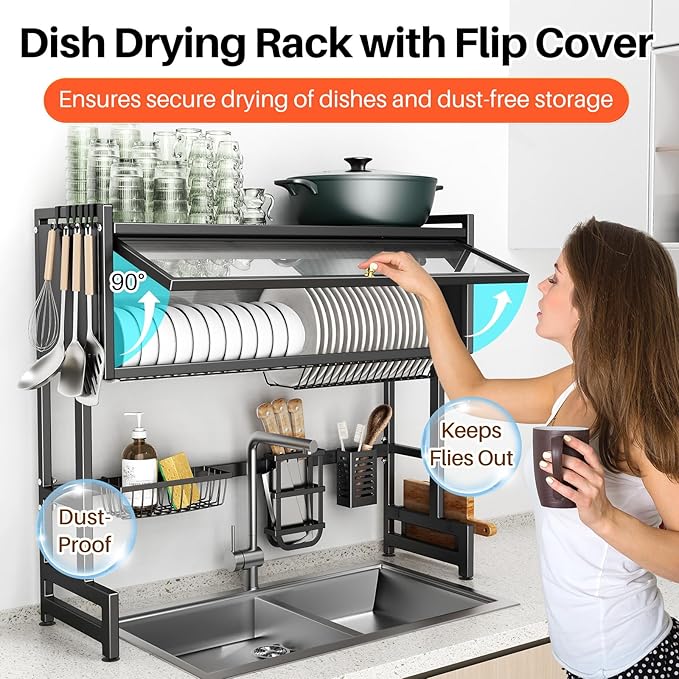 Over The Sink Dish Drainer Drying Rack 3 Tiers with Cover, Keep Kitchen Sink Shlef Organized Space-Saving Dish Drying Rack, Large Stainless Steel Sink Drying Rack for Dishes, Bowls, Cutlery (33.4"W)