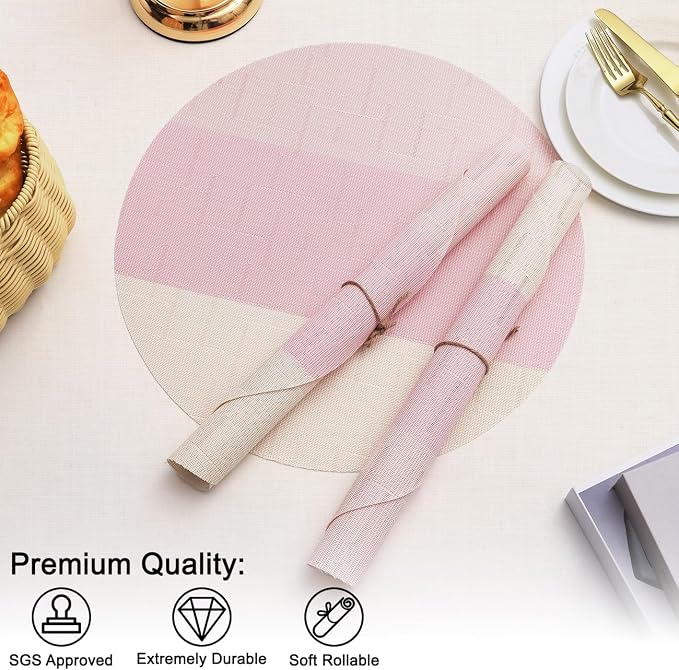 Round Placemats Set of 4, 15 Inch Woven Vinyl Heat Resistant Place Mats, Washable Non Slip PVC Table Mats for Kitchen Dining Party Outdoor Table Decor (Beige Pink, 4)