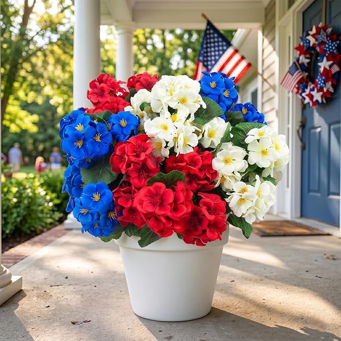 Hananona 12 Pcs Artificial Geranium Flowers for Outdoors Geranium Silk Red White Blue Flowers Outdoor UV Resistant Plants Faux Patriotic Flowers for 4th of July Home Decor (12, RedWhiteBlue)