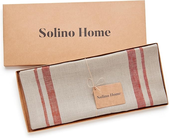Solino Home Linen Table Runner 72 Inches Long - 100% Pure Linen Red and Natural French Stripe Table Runner 14 x 72 Inch for Dining, Dresser
