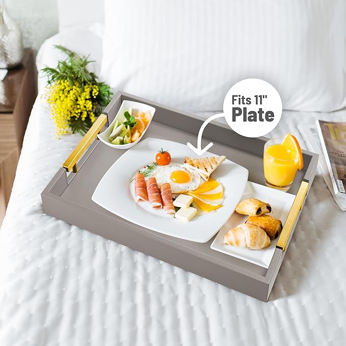 ATZYmolin Leather Serving Tray with Gold Polished Metal Handles, Home Decorative Wooden Rectangle Ottoman Decor Platter Bathroom Vanity Tray for All Occasions Grey