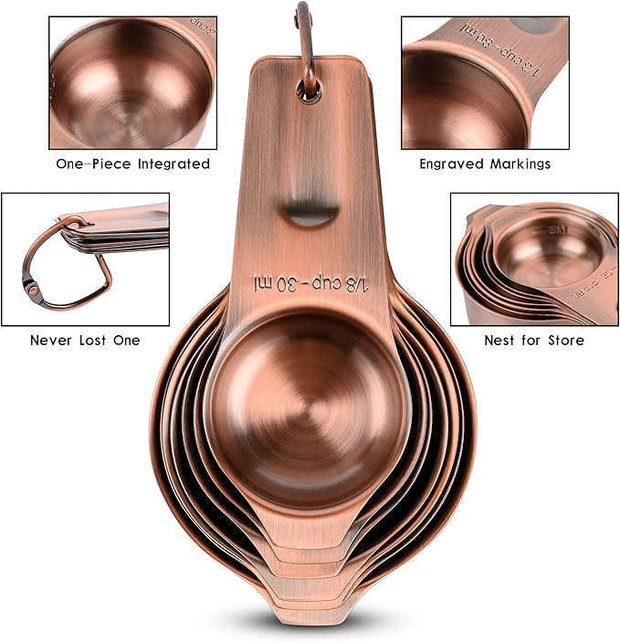 Copper Measuring Cups Set 7, Metric & US Stainless Steel Measuring Cups for Kitchen & Baking, Metal Measure Cups for Dry & Liquid, Nesting Measuring Cup Set with 1/8 2/3 & 3/4 Cups