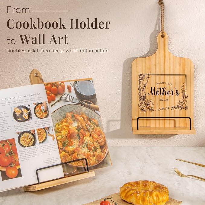 PUERSI Cookbook Stand, Kitchen Gifts for Mom, Wooden Recipe Book Holder, Happy Mothers Day Gifts, Adjustable Cook Book Stand for Kitchen Counter
