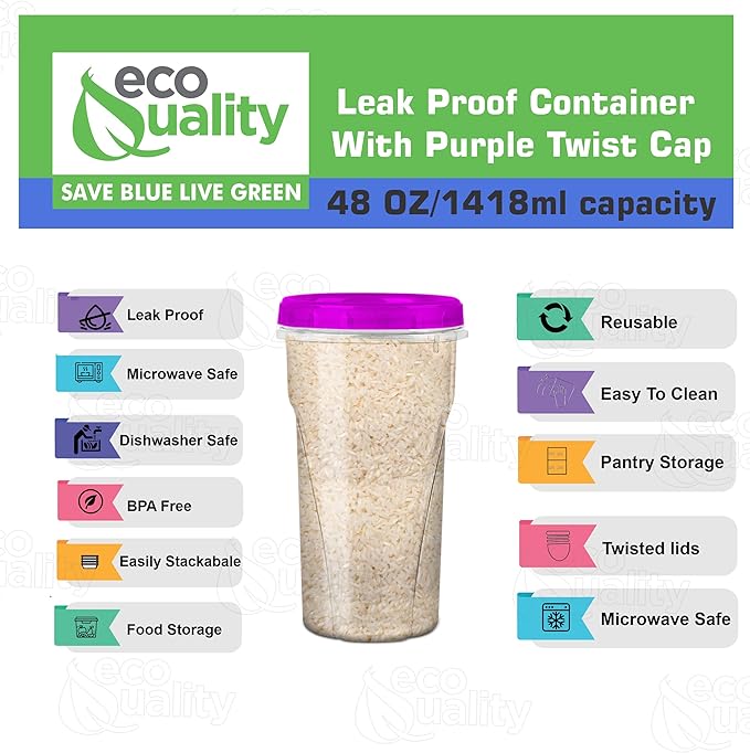 48 oz Clear Twist Top Storage Deli Containers with Leak Proof Lids Purple - BPA Free Snack Containers Airtight Reusable Plastic Food Storage Canisters with Twist Seal Caps, Food Storage, Meal Prep, Freezer, Kitchen Organizer, Stackable, Reusable (8)