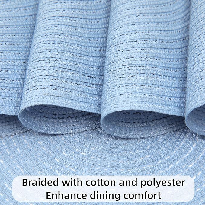 SHACOS Round Braided Placemats Set of 8 Washable 15 inch Round Non Slip Table Place Mats for Dining Tables Wedding Party Decor (Light Blue, 8)