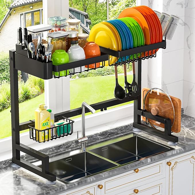 ADBIU 【Fit Sink 24.5"- 32" L 2023 Version Over Sink Dish Drying Rack (Expandable Dimension) Snap-On Design 2 Tier Large Kitchen Dish Rack Stainless Steel Counter Organization and Storage