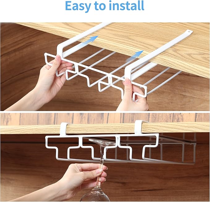 Wine Glass Rack Under Cabinet Drilling Free No Screw Steamware Holder Under Shelf Metal Wine Glasses Holders 304 Stainless Steel Hanger Storage Organizer Hanging Glass Fit for Bar Kitchen 2 Rows White