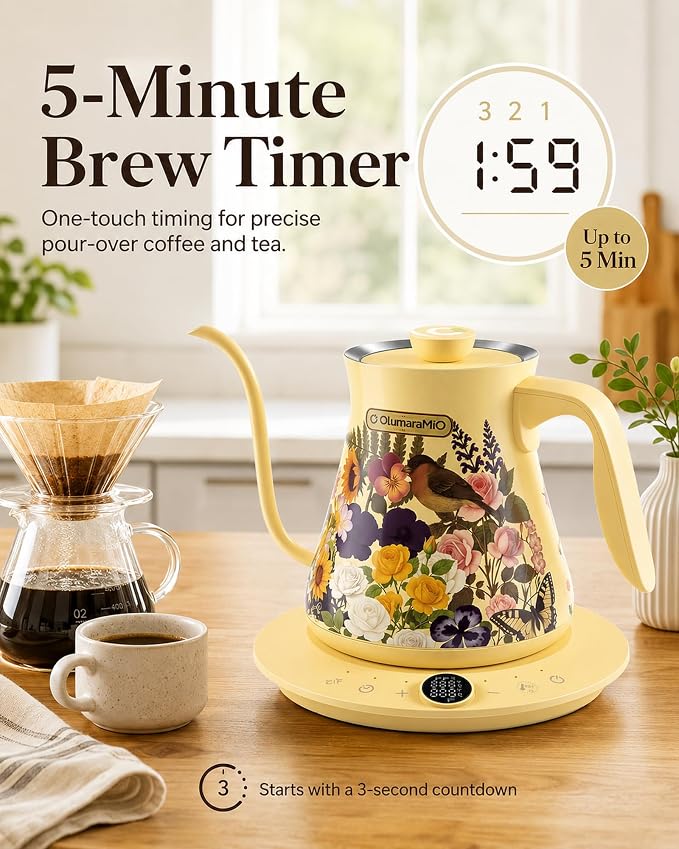 Olumaramio 0.8L/27oz Gooseneck Electric Kettle - ±1℉ Precise Temperature Control for Pour Over Coffee & Tea, 1200W Fast Heating, Auto Shut-Off, Built-in Brew Timer, BPA-Free Stainless Steel, Floral