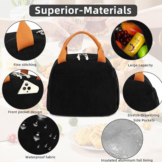 LEDAOU Lunch Box for Women Insulated Lunch Bag Corduroy Lunch Tote Bags Leakproof Cooler Lunch Case for Travel Work Picnic