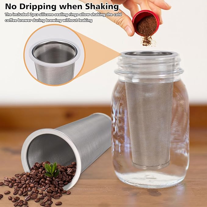 2pcs Cold Brew Filter - Cold Brew Coffee Filter for 32oz Wide Mouth Mason Jar Cold Brew Coffee Maker Pitcher, 304 Stainless Steel Mesh Cold Brew Strainer Infuser for Iced Coffee Tea Maker