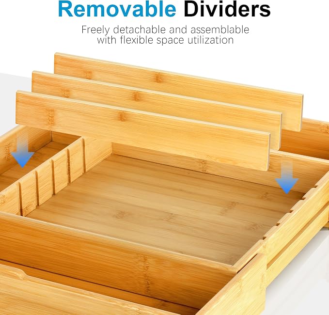 Bamboo Expandable Drawer Silverware Organizer (12.6-20.5") | 3 removable dividers,5 tracks for custom storage. Multi-use for utensils, stationery, tools. Durable bamboo, wipe clean