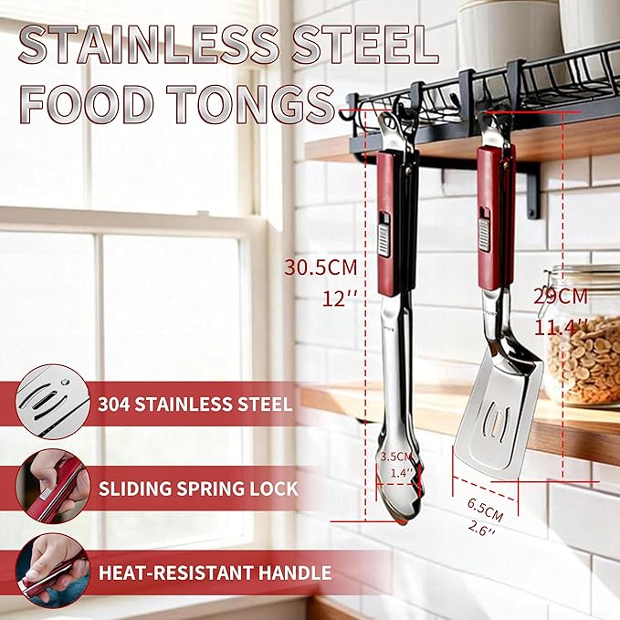 304 stainless steel kitchen tongs for cooking,2 pack set With a locking mechanism and an automatic release feature for Grilling, Cooking and Flipping