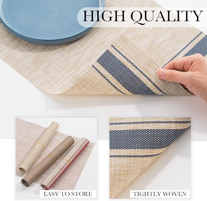 BACKTOEDEN Placemats Set of 8 Heat Resistant Washable Wipeable Placemat Woven Non-Slip Foldable Vinyl/Plastic Place Mats Indoor/Outdoor Mat Kitchen Dining Table Pad, Blue Skyline