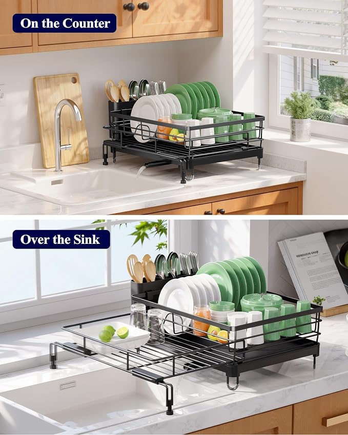 Kitsure Extendable Dish Drying Rack - Rust-Resistant Dish Racks for Kitchen Counter with Adjustable Support Legs, Cutlery Holder & Removable Draining Tray (Black, 15.6''-25.2''L × 16.9''W × 8.1''H)
