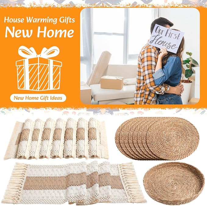Boho Placemats 4/6/8 Set of Round Woven Placemat Macrame Style Bicolor Stitching Long Table Runner Farmhouse Rustic Natural Burlap Cotton for Kitchen Dining Table (8 Sets,Brown,12x108)