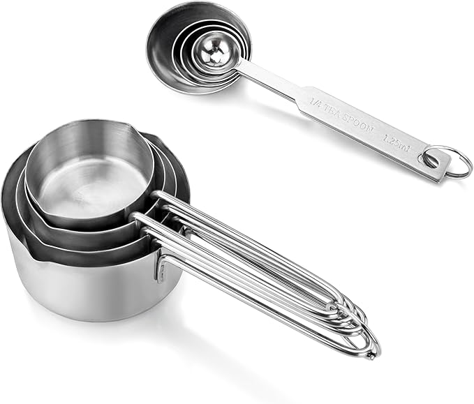 New Star Foodservice 42917 Stainless Steel Measuring Cups and Spoons Set, 8-Piece Metal Measuring Set for Baking, Cooking, Dry and Liquid Ingredients, Restaurant Grade, Silver