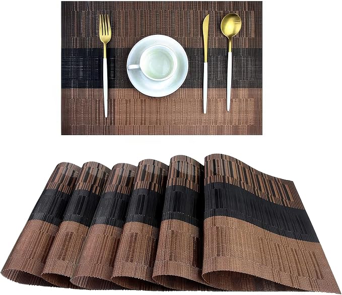 Wipeable PVC Vinyl Woven Table Placemat,Set of 6,Heat-Resistant Dining Mats for Kitchen, Indoor Outdoor Use,12×17 Inch,Coffee Gradient
