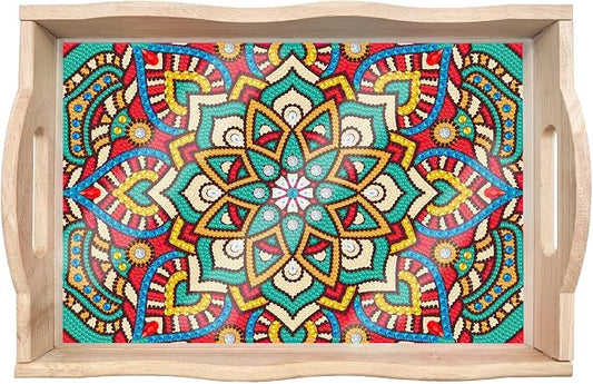 Generic DIY Diamond Serving Tray Rectangular Upgrade Increase Breakfast Tray with Handles Handmade Diamond Art Painting Wooden Tray Dinner Plate for Coffee Living Room Home Organizer-Mandala07