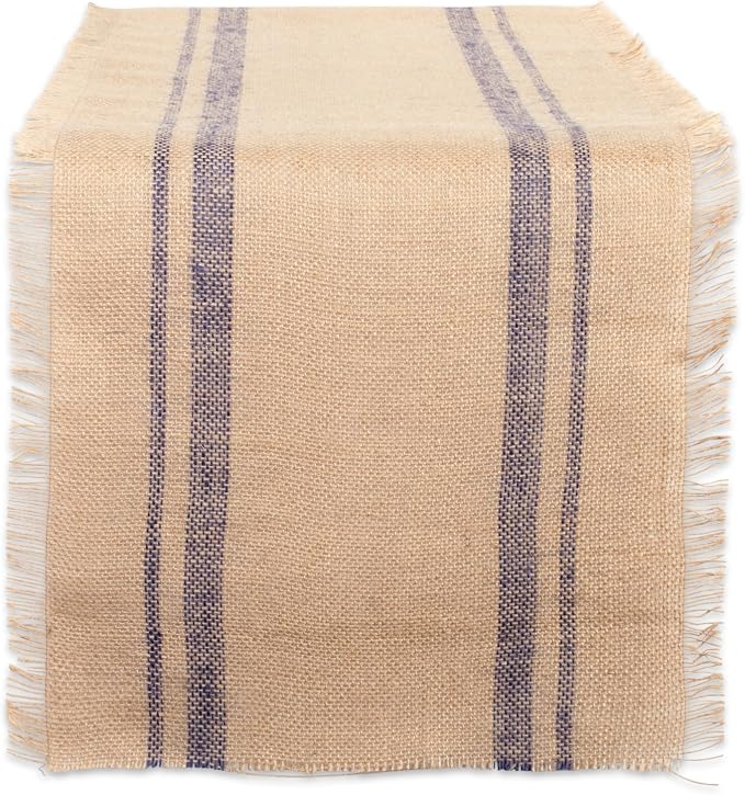 DII Jute Burlap Collection Kitchen Tabletop, Table Runner, 14x72, Double Border Blue