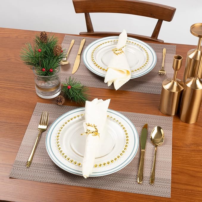 Winknowl Placemats Set of 6, Washable Vinyl Woven Placemats, Heat Resistant & Wipeable Table Mats for Kitchen Dining Table (Pink Gold)