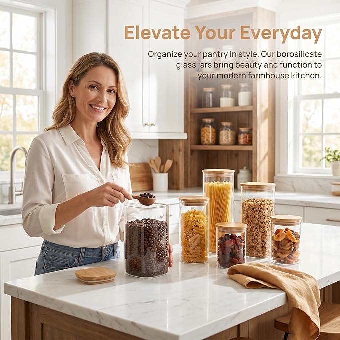 68 ounces (set of 3) and 32 ounces (set of 3), transparent glass containers with airtight bamboo lids — ideal for storing overnight oats, coffee, spices, candies, flour, etc.,
