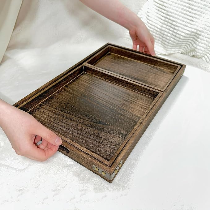 3-Piece Wooden Serving Tray Set - Nesting Platters for Entertaining & Breakfast