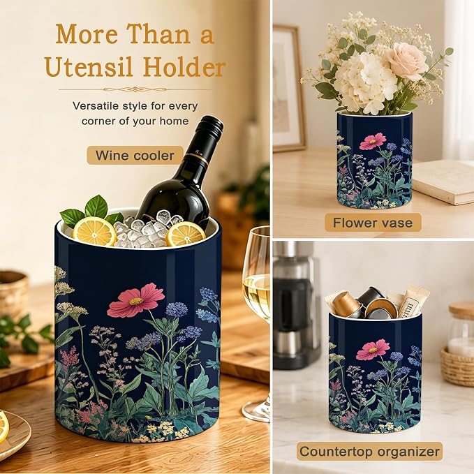 Wildflower Spring Floral Kitchen Utensil Holder,Garden Flowers Large Ceramic Utensil Crock for Countertop,Cooking Utensil Organizer for Spatulas, Spoons