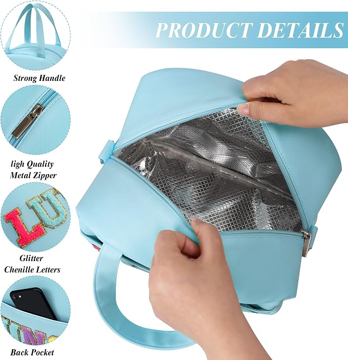 Lunch Bag for Women Personalized Insulated Lunch Box for Adults with Adjustable Shoulder Strap Cute Reusable Freezable Lunchbox Cooler Tote for Office Work Picnic Beach (Blue)