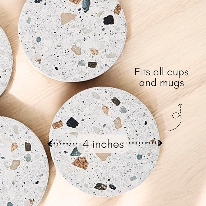 Terrazzo Coasters Set of 6, Ceramic Absorbent Drink Coasters, Cute Mid Century Boho Coaster, Coffee Table Desk Decor, Colorful Stone Coaster for Drinks